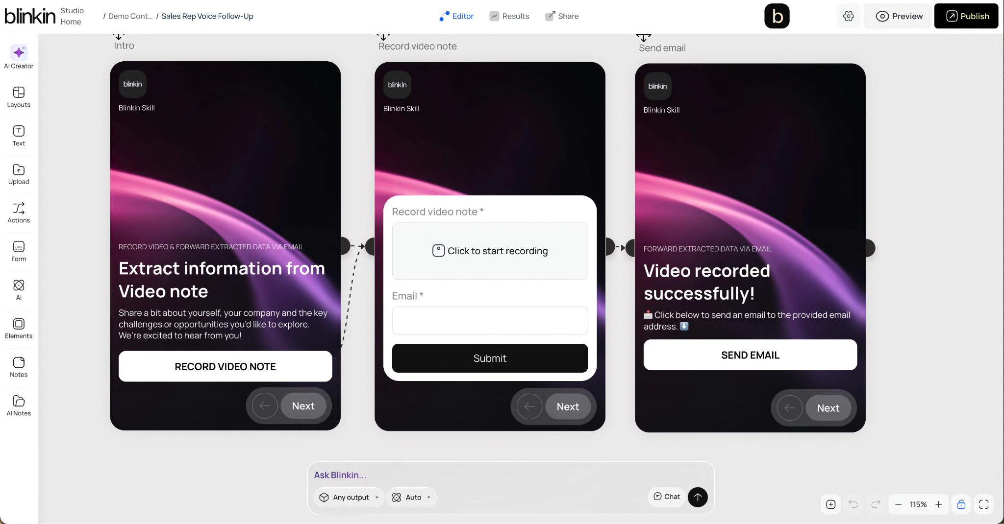 Blinkin Studio video extraction app with record, extract, and send steps