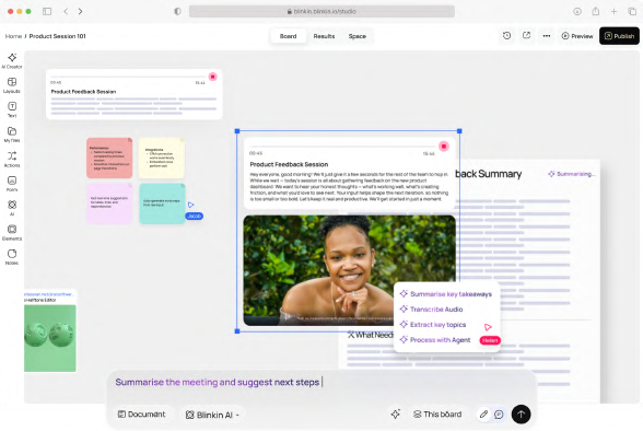 Blinkin Studio canvas with AI-generated summary and next-step actions