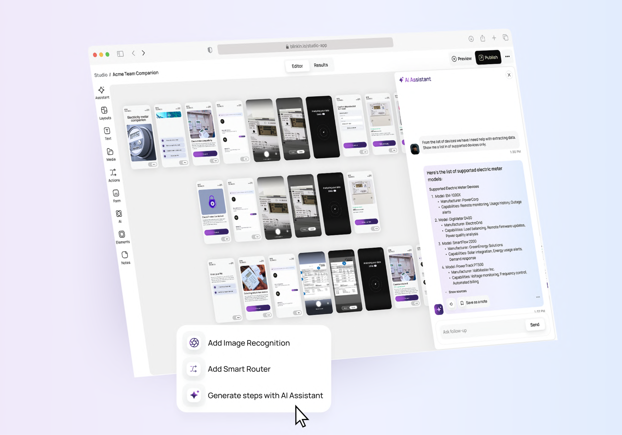 Blinkin Studio visual app builder with connected app screens and AI assistant